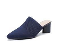 NourIron Women’s Knit Closed Pointed Toe Chunky Heel Mules Fashion Mesh Breathable Low block Heel Pump Sandals Comfortable Slip On Dress Party Shoes, Blue, 6 UK