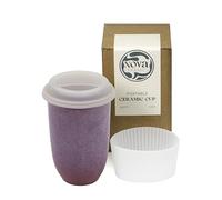 NOVA CERAMICS Coffee Travel Mug - Cup Holder Friendly Travel Mug- Microwave & Dishwasher Safe White & Purple Tumbler - Coffee Mug Fits in Cup Holder - 12oz - Astral Bloom