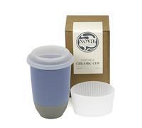NOVA Ceramics Travel Mug - Ceramic Coffee Mug with Lid - Microwave & Dishwasher Safe Coffee White & Grey Tumbler - Fits in Cup Holder - 12oz - Coastal Drift