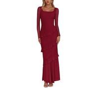 Nova In Sky Women's Wedding Guest Dress Maxi Long Sleeve Mesh Ruffle Formal Bodycon Mermaid Evening Cocktail Long Dress, Burgundy, M