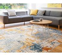 Nova NV39 Abstract Modern Rug for Living Room Bedroom Dining Lounge Kitchen Contemporary Hard Wearing Quality Marble Soft Rug Ochre Blue Small 80x150 cm (2'6"x5')