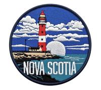 Nova Scotia Lighthouse Patch - Embroidered Peggy’s Cove Style Souvenir, Red White Striped Beacon Coastal Scene, Canada Travel Iron-On Sew-On