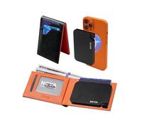 Nova Slim Men Wallet, 2 in 1 Detachable Magsafe Metal Pop Up Card Holders for iPhone, Minimalist RFID Blocking Wallet with Cash Slot, Birthday Gifts For Man, Black Cover, Inside Orange, Carry on 2.95
