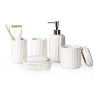 NOVAJOY Bathroom Set, Ceramic 5 Pieces Bathroom Organizer with Soap Dispenser, Soap Dish, Toothbrush Holder, Cotton Buds Canister, Beige White