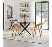 Novara 100cm Black Top Round Dining Table & 4 Oak Masa Chairs FurnitureboxUK Black One Size
