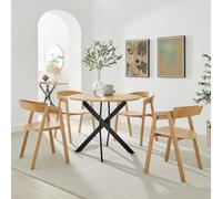 Novara 100cm Oak Veneer Top Round Dining Table & 4 Oak Masa Chairs FurnitureboxUK Brown One Size