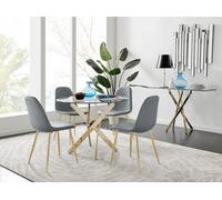 Novara 100cm Round Tempered Glass Dining Table with Gold Legs & 4 Corona Faux Leather Chairs FurnitureboxUK Grey One Size