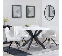 Novara Dining Set - 4 Seater - 130cm - Round - White Ceramic - 4x Arctic Dining Chairs - Cream Velvet Fabric - Swivel