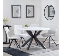 Novara Dining Set - 4 Seater - 130cm - Round - White Ceramic - 4x Boden Dining Chairs - Cream Fabric - Swivel