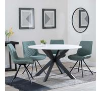 Novara Dining Set - 4 Seater - 130cm - Round - White Ceramic - 4x Boden Dining Chairs - Green Fabric - Swivel