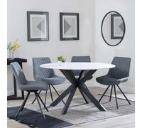 Novara Dining Set - 4 Seater - 130cm - Round - White Ceramic - 4x Boden Dining Chairs - Grey Fabric - Swivel
