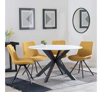 Novara Dining Set - 4 Seater - 130cm - Round - White Ceramic - 4x Boden Dining Chairs - Yellow Fabric - Swivel
