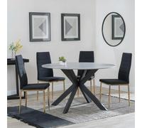 Novara Dining Set - 4 Seater - 130cm - Round - White Ceramic - 4x Lido Dining Chairs - Black Fabric - Gold Legs