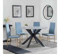Novara Dining Set - 4 Seater - 130cm - Round - White Ceramic - 4x Lido Dining Chairs - Blue Fabric - Gold Legs