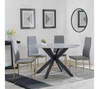 Novara Dining Set - 4 Seater - 130cm - Round - White Ceramic - 4x Lido Dining Chairs - Dark Grey Fabric - Gold Legs
