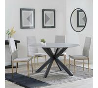 Novara Dining Set - 4 Seater - 130cm - Round - White Ceramic - 4x Lido Dining Chairs - Sand Fabric - Gold Legs