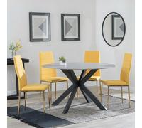 Novara Dining Set - 4 Seater - 130cm - Round - White Ceramic - 4x Lido Dining Chairs - Yellow Fabric - Gold Legs
