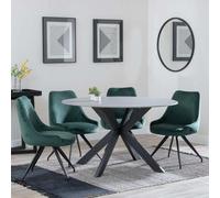 Novara Grey Ceramic 4 Seater Round Dining Set - 4 Arctic Green Velvet Fabric Swivel Dining Chair