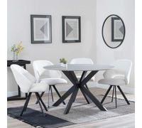 Novara Grey Ceramic 4 Seater Round Dining Set - 4 Ion Cream Boucle Teddy Fabric Swivel Dining Chair