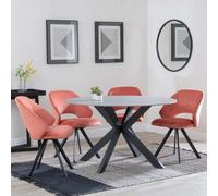 Novara Grey Ceramic 4 Seater Round Dining Set - 4 Ion Orange Velvet Fabric Swivel Dining Chair
