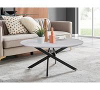 Novara Round Marble Effect Glass Top Coffee Table With Black Metal Starburst Legs FurnitureboxUK White One Size