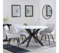 Novara White Ceramic 4 Seater Round Dining Set - 4 Ace Beige Fabric Swivel Dining Chair