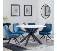 Novara White Ceramic 4 Seater Round Dining Set - 4 Arctic Blue Velvet Fabric Swivel Dining Chair
