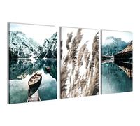 NOVART Canvas Nature Mountains Lake - Hang your picture right away - Stylish decoration - 3 Pictures Set - Living Room Bedroom N006236a, Aurora, 40 x 60 cm - 3 Pictures