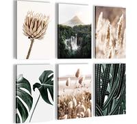 Novart Canvas Wall Art - 6 piece Boho Beige Pampas Green Botanical Forest Collage Picture, Nature Wall Décor for Living Room, Bedroom, Home Office, Hallway and Stairs