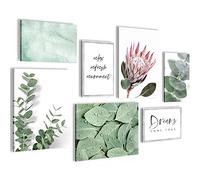 Novart Set of Canvas - COMPLETELY READY TO HANG - Pictures for Wall - Green Leaves Plant - 7 Pieces - Living Room Bedroom N005371a