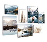 Novart Set of Canvas - COMPLETELY READY TO HANG - Pictures for Wall - Lake Mountains Blue - 7 Pieces - Living Room Bedroom N003671a