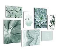 Novart Wall Decoration Set with Paintings Green Leaves Wall Art - COMPLETE AND READY TO HANG - No Frame Needed - Bedroom Living Room Kitchen - N027471a
