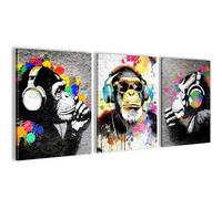 Novart Wall pictures set Graffiti - COMPLETELY READY TO HANG - Living Room Bedroom Office Deco - 3 Modern Pictures Monkeys - N034535a