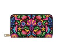 Novastar Leather Thin Slim Wallets for Women Men - Colorful Floral Embroidery Mexican Card Wallet for Women Men with Zipper