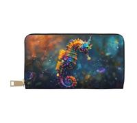 Novastar Leather Thin Slim Wallets for Women Men - Neon Seahorse Underwater Realm Card Wallet for Men Women with Zipper