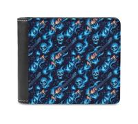 Novastar Slim Wallet for Men Leather - Blue Flame Skull Guitar Print Small Thin Bifold Front Pocket Card Holder Wallet