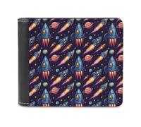 Novastar Slim Wallet for Men Leather - Space Cartoon Spaceship Print Small Thin Bifold Front Pocket Card Holder Wallet