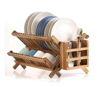 NOVAYEAH Acacia Dish Drying Rack, 2-Tier Collapsible with Utensil Holder, Large Wooden Dish Drainer for Kitchen Counter