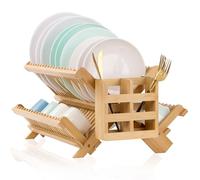 NOVAYEAH Bmaboo Dish Drying Rack for Kitchen Counter 3-Tier Collapsible Wooden Dish Drying Rack with Utensil Holder Dish Drainer Large Folding Dish Rack with Utensils Flatware Holder 51 pcs Grid