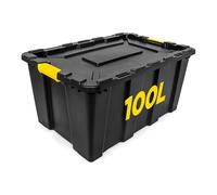 NOVECRAFTO 100L Plastic Storage Box with Lid, Heavy Duty, Black, Stackable | Carry handles, strong clip locks & padlockable design; garage storage box with lid for attic, shed and outdoor use
