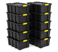 NOVECRAFTO 100L Plastic Storage Boxes with Lids, Heavy Duty Black, 10 Boxes | Garage storage boxes with lids; carry handles, clip locks, padlockable & stackable for attics, sheds and outdoor storage