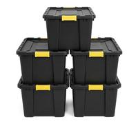 NOVECRAFTO 100L Plastic Storage Boxes with Lids, Heavy Duty Black, 5 Boxes | Garage storage boxes with lids; carry handles, clip locks, padlockable & stackable for attics, sheds and outdoor storage
