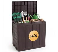 NOVECRAFTO 140L Plastic Garden Storage Box - Lockable Lid & Padlock, 4 Wheels, Brown Wood Panel Effect - Waterproof & Weather-Resistant Outdoor Storage Box for Cushions & Tools (60 x 44 x 57cm)