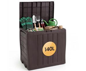 NOVECRAFTO 140L Plastic Garden Storage Box - Lockable Lid & Padlock, 4 Wheels, Brown Wood Panel Effect - Waterproof & Weather-Resistant Outdoor Storage Box for Cushions & Tools (60 x 44 x 57cm)