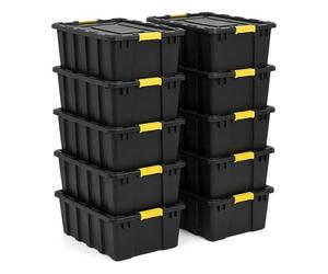 NOVECRAFTO 150L Extra Large Storage Box with Lid, 10 Pack - Heavy-Duty Storage Box with Carry Handles, Durable Plastic, Clip Locks, Padlockable & Stackable - Garage, Shed & Outdoor Use (Black)