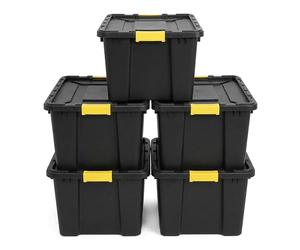 NOVECRAFTO 150L Extra Large Storage Box with Lid, 5 Pack - Heavy-Duty Storage Box with Carry Handles, Durable Plastic, Clip Locks, Padlockable & Stackable - Garage, Shed & Outdoor Use (Black)