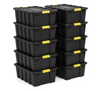 NOVECRAFTO 150L Plastic Storage Boxes with Lids, Heavy Duty Black, 10 Boxes | Garage storage boxes with lids; carry handles, clip locks, padlockable & stackable for attics, sheds and outdoor storage