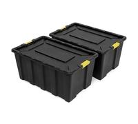 NOVECRAFTO 150L Plastic Storage Boxes with Lids, Heavy Duty Black, 2 Boxes | Garage storage boxes with lids; carry handles, clip locks, padlockable & stackable for attics, sheds and outdoor storage
