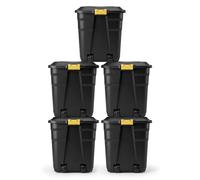 NOVECRAFTO 190L Extra Large Storage Box on Wheels with Lid 5 Pack - Heavy-Duty Storage Box with Clip-Lock Handles, Padlockable, Stackable & Weather-Resistant - Garage, Shed & Outdoor (Black)