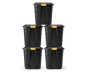 NOVECRAFTO 190L Storage Box on Wheels with Lid, 5 Pack, Padlockable, Black | Heavy-duty, clip-lock handles, weather-resistant, 4 corner padlock holes, padlock not included, carry handles, stackable